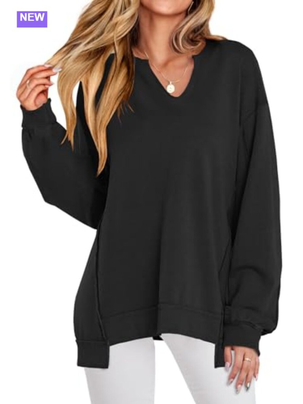 Oversized V-Neck Sweatshirt High-Low Hem Pullover Casual